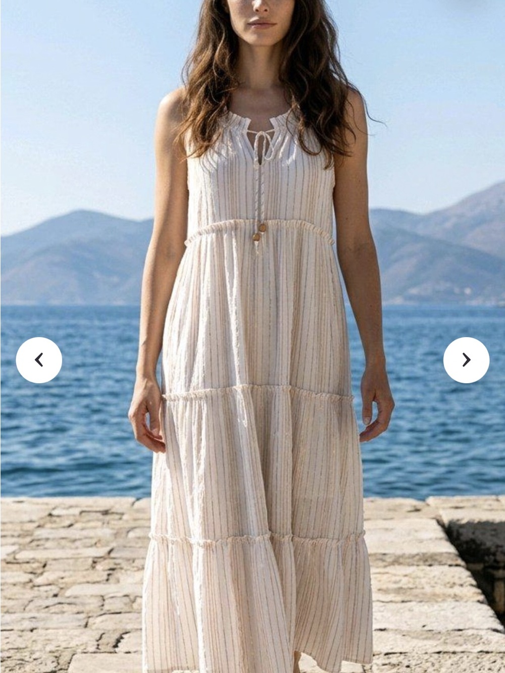 Cost Plus World Market Cream Striped Tiered Maxi Dress with Tie Neck